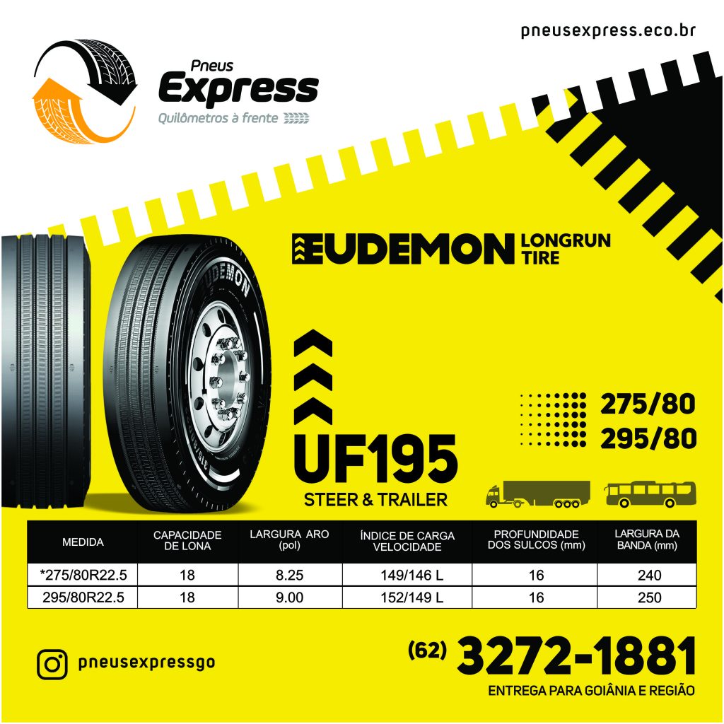 O Eudemon UF195 é um pneu radial projetado para eixos direcionais e livres em caminhões e ônibus. Sua banda de rodagem foi otimizada para proporcionar alta quilometragem e desgaste uniforme, maximizando a vida útil do pneu. Assim como o UD188, o UF195 é construído com materiais de alta qualidade, garantindo durabilidade e resistência ao desgaste.